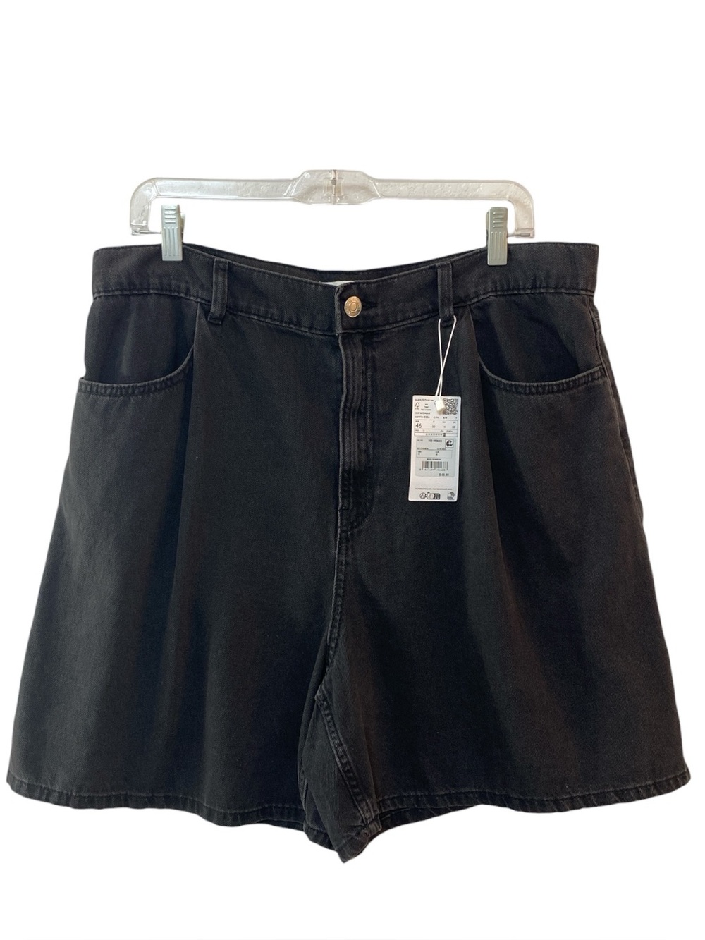 Mango Black High-Rise Denim Shorts Size 14 Slouchy Fit Pleats 100% Cotton NWT